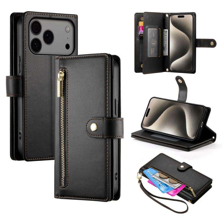 Nine Card-slot Zipper Wallet Bag Leather Phone Case, For iPhone 17 Pro Max, For iPhone 17 Pro, Fo...