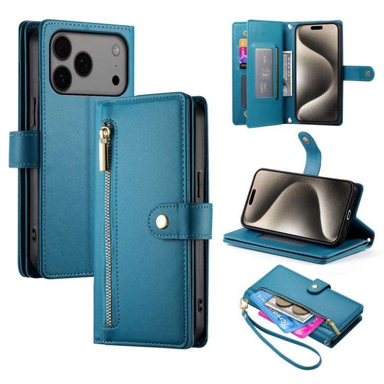 Nine Card-slot Zipper Wallet Bag Leather Phone Case, For iPhone 17 Pro Max, For iPhone 17 Pro, Fo...