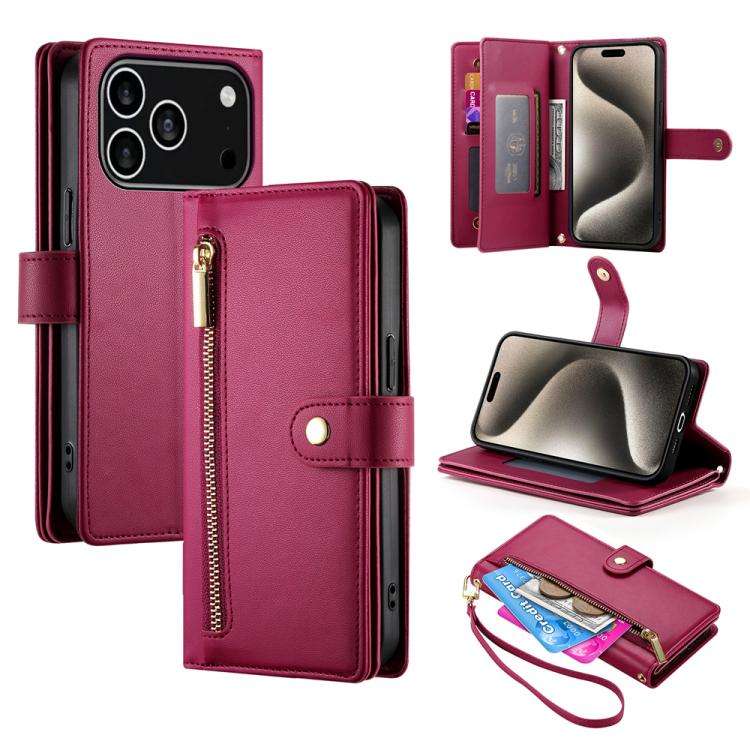Nine Card-slot Zipper Wallet Bag Leather Phone Case, For iPhone 17 Pro Max, For iPhone 17 Pro, Fo...