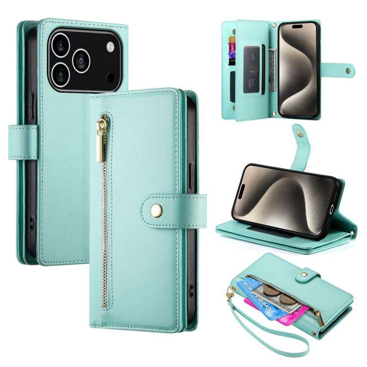 Nine Card-slot Zipper Wallet Bag Leather Phone Case, For iPhone 17 Pro Max, For iPhone 17 Pro, Fo...