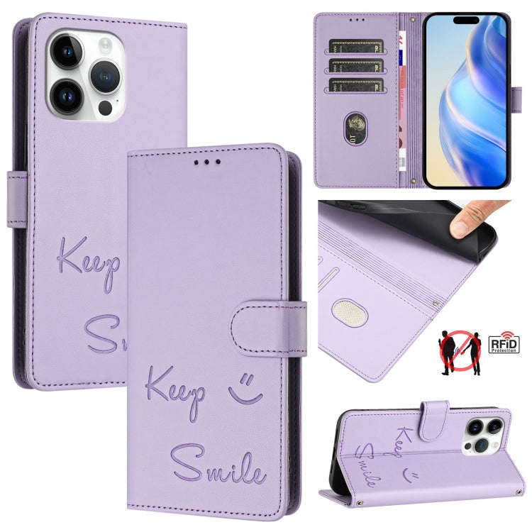 Smile Embossing RFID Leather Phone Case, For iPhone 14 Pro Max, For iPhone SE 2022 / 2020 / 8 / 7...