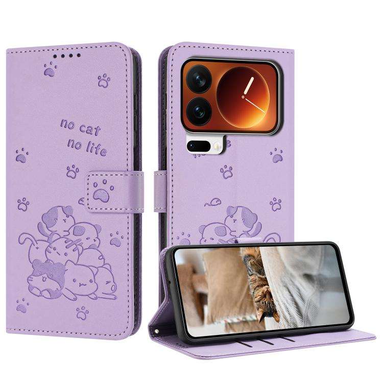 Embossed Kitten Phone Leather Case with Lanyard, For Xiaomi Poco C95 Pro, For Xiaomi 17T Pro 5G, ...