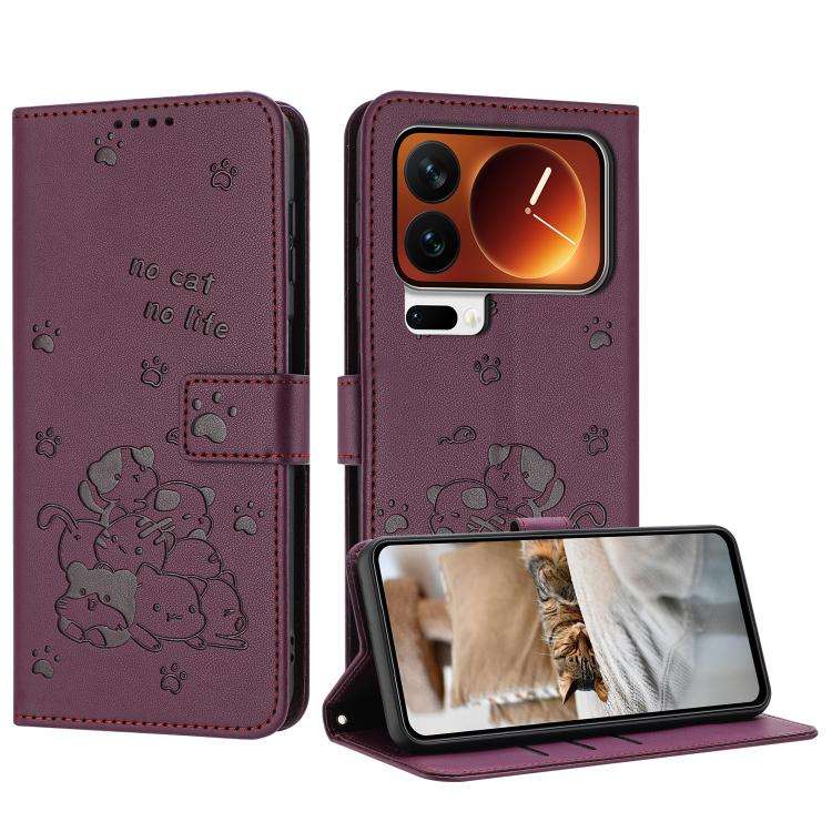 Embossed Kitten Phone Leather Case with Lanyard, For Xiaomi Poco C95 Pro, For Xiaomi 17T Pro 5G, ...