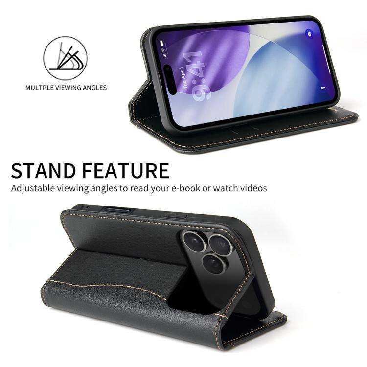 Fierre Shann Cowhide Leather Flip Leather Phone Case, For iPhone 18 Pro / 17 Pro, For iPhone 18 P...