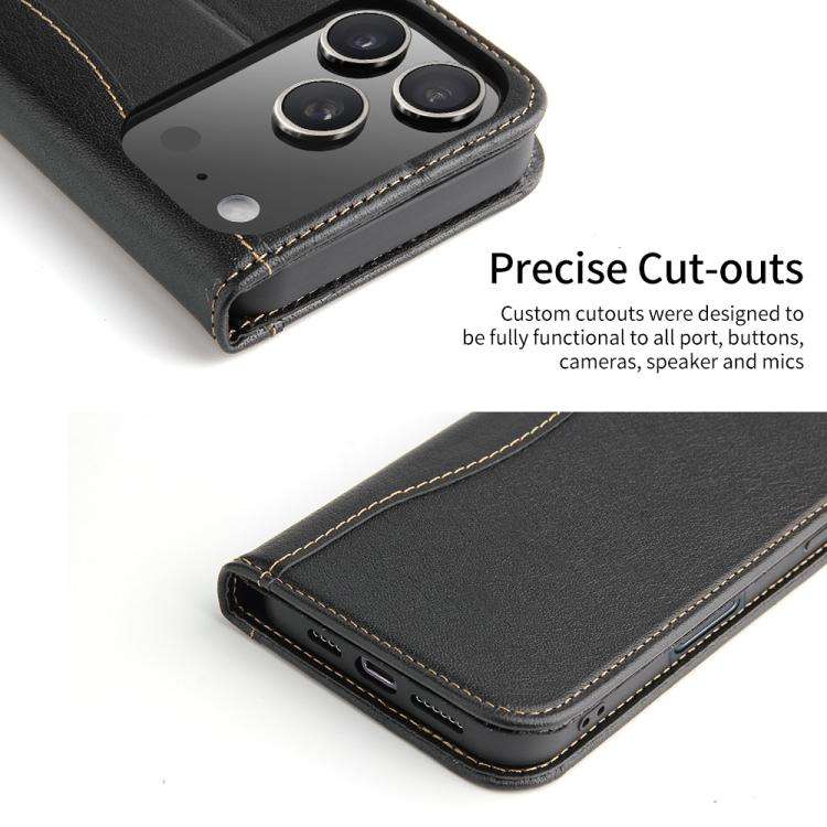 Fierre Shann Cowhide Leather Flip Leather Phone Case, For iPhone 18 Pro / 17 Pro, For iPhone 18 P...