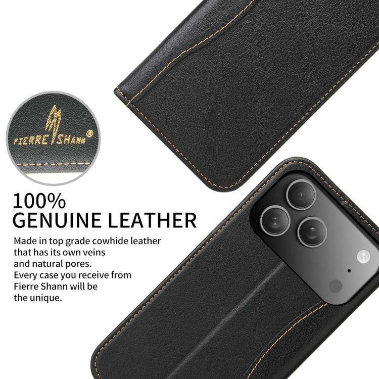 Fierre Shann Cowhide Leather Flip Leather Phone Case, For iPhone 18 Pro / 17 Pro, For iPhone 18 P...