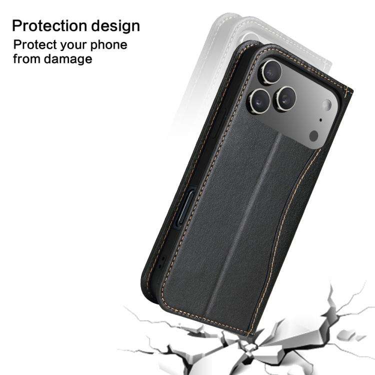 Fierre Shann Cowhide Leather Flip Leather Phone Case, For iPhone 18 Pro / 17 Pro, For iPhone 18 P...