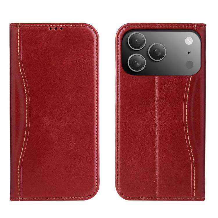 Fierre Shann Cowhide Leather Flip Leather Phone Case, For iPhone 18 Pro / 17 Pro, For iPhone 18 P...