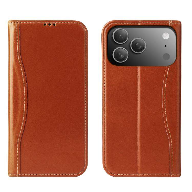 Fierre Shann Cowhide Leather Flip Leather Phone Case, For iPhone 18 Pro / 17 Pro, For iPhone 18 P...