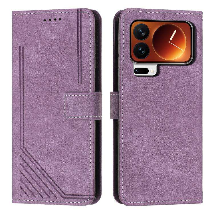 Skin Feel Stripe Pattern Leather Phone Case with Lanyard, For Xiaomi 17 Ultra, For Xiaomi 17 Pro ...