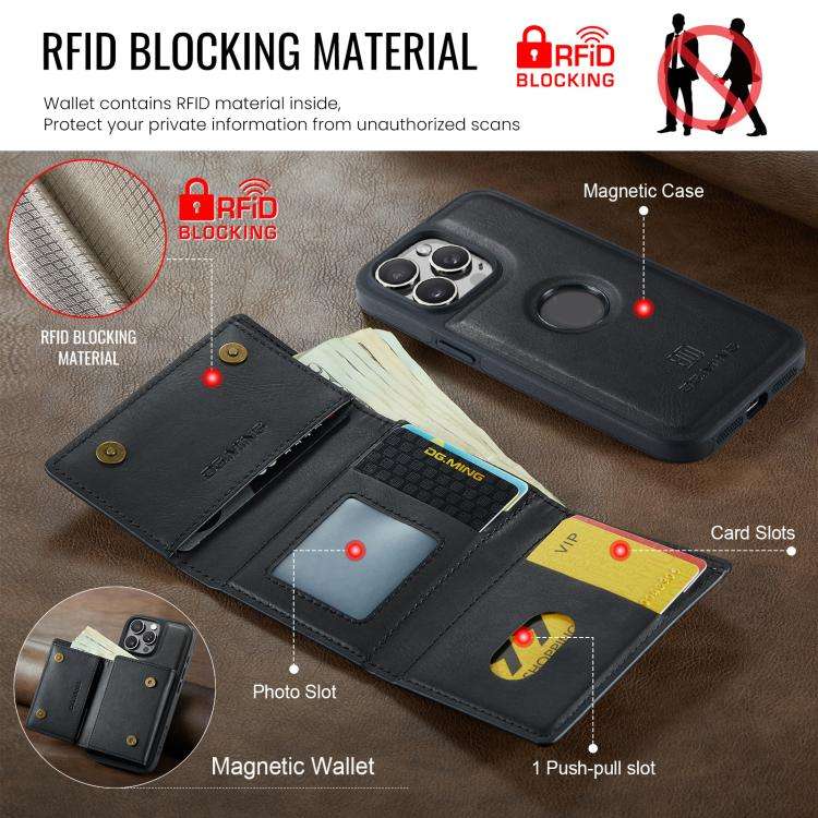 DG.MING M6 Series RFID Tri-fold Card Bag Removable Leather Phone Case, For iPhone 15 Pro Max, For...