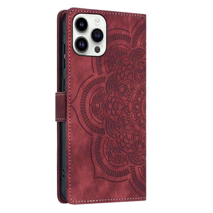 Mandala Embossed Retro Frosted Leather Phone Case, For iPhone 15 Pro Max, For iPhone 15 Pro, For ...