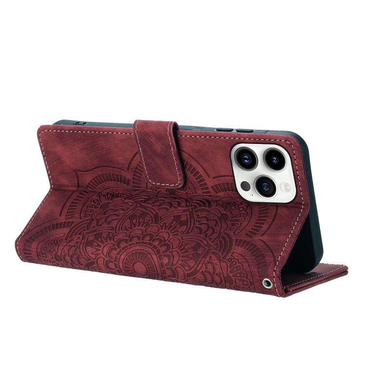 Mandala Embossed Retro Frosted Leather Phone Case, For iPhone 15 Pro Max, For iPhone 15 Pro, For ...