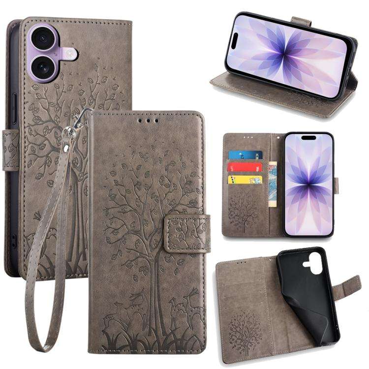 Tree & Deer Embossed Leather Phone Case, For iPhone 17e / 16e, For iPhone 17 Pro Max, For iPhone ...