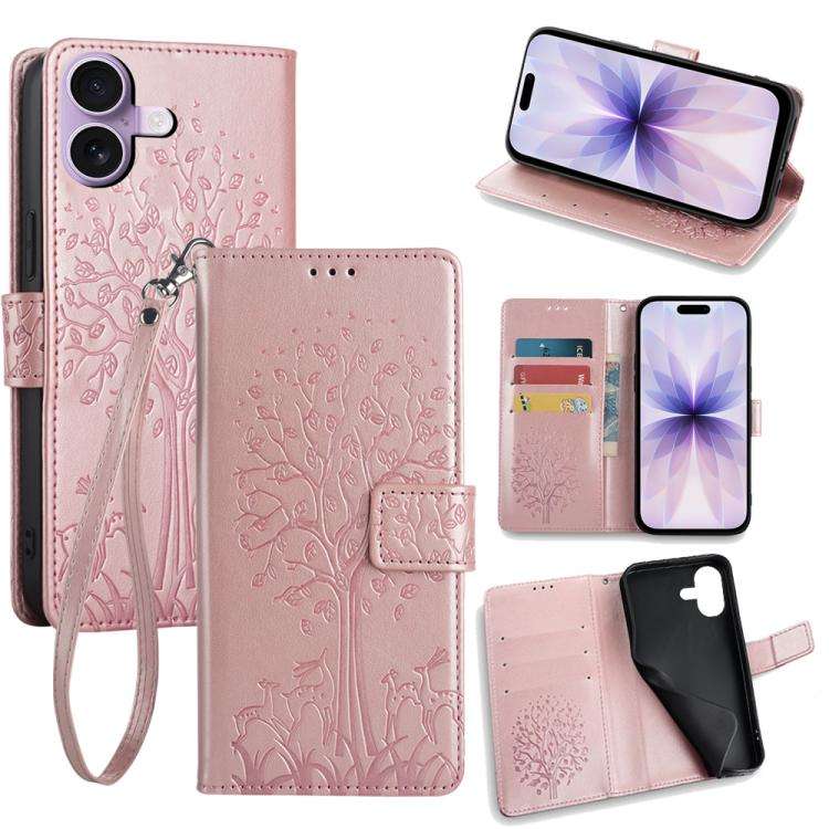 Tree & Deer Embossed Leather Phone Case, For iPhone 17e / 16e, For iPhone 17 Pro Max, For iPhone ...