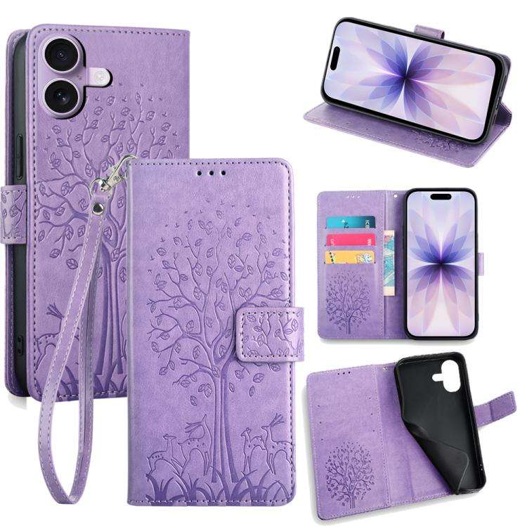 Tree & Deer Embossed Leather Phone Case, For iPhone 17e / 16e, For iPhone 17 Pro Max, For iPhone ...