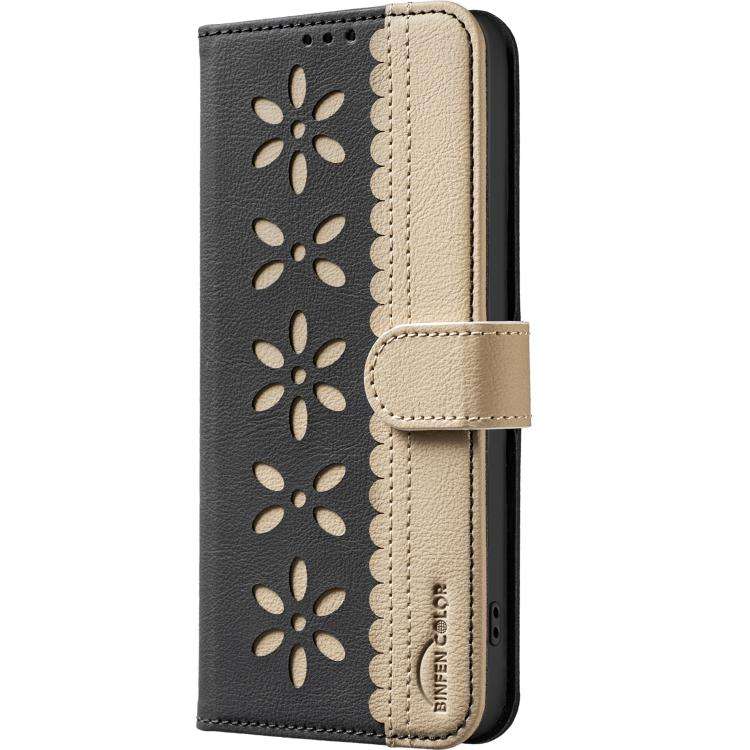 Splicing Color Hollow Flower Pattern RFID Leather Phone Case, For iPhone 18 Pro/17 Pro, For iPhon...