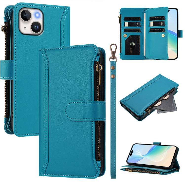 Magnetic Closure 9 Card Slots Zipper Leather Case with Hand Strap, For iPhone 14 Pro Max, For iPh...