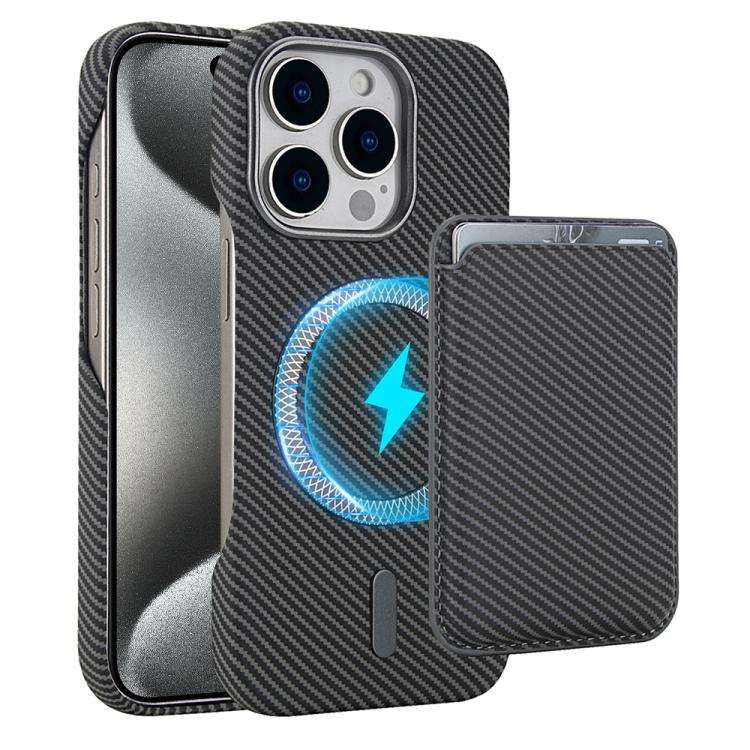Carbon Fiber MagSafe Magnetic Card Holder Phone Case, For iPhone 15 Pro, For iPhone 15 Plus, For ...