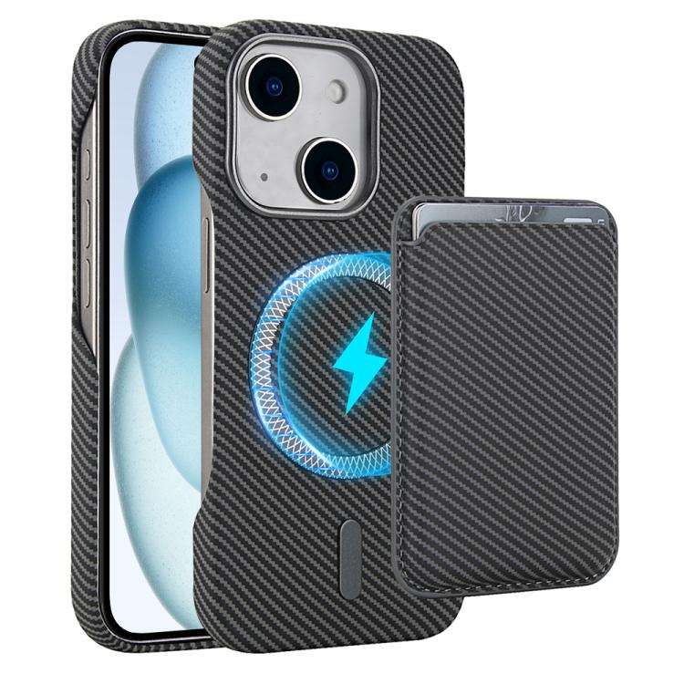 Carbon Fiber MagSafe Magnetic Card Holder Phone Case, For iPhone 15 Pro, For iPhone 15 Plus, For ...