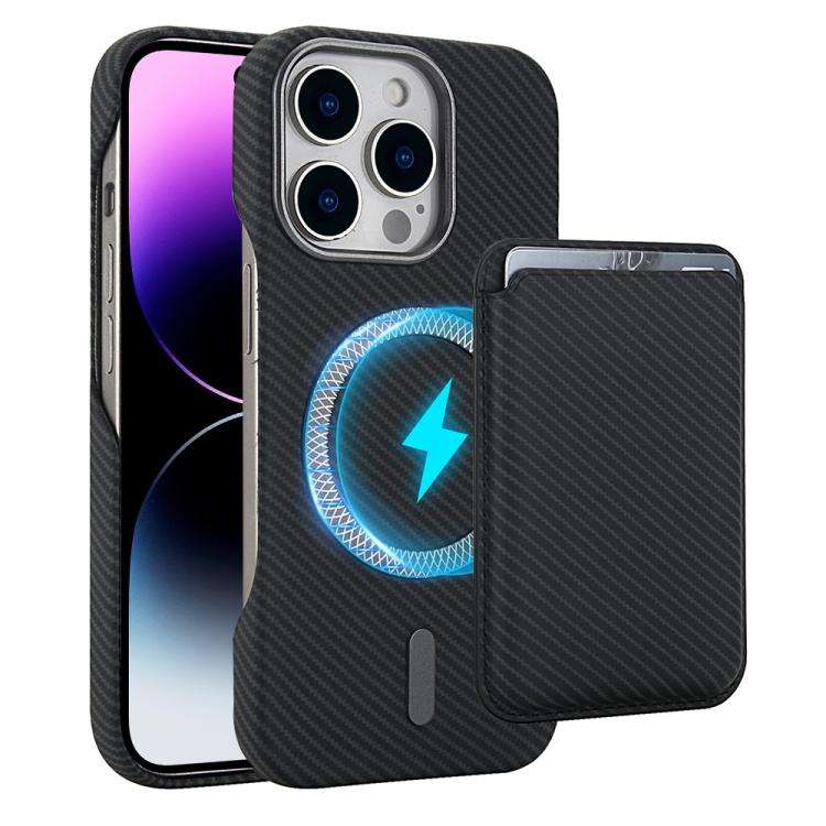 Carbon Fiber MagSafe Magnetic Card Holder Phone Case, For iPhone 15 Pro, For iPhone 15 Plus, For ...
