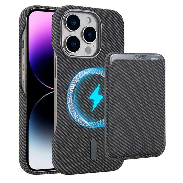 Carbon Fiber MagSafe Magnetic Card Holder Phone Case, For iPhone 15 Pro, For iPhone 15 Plus, For ...