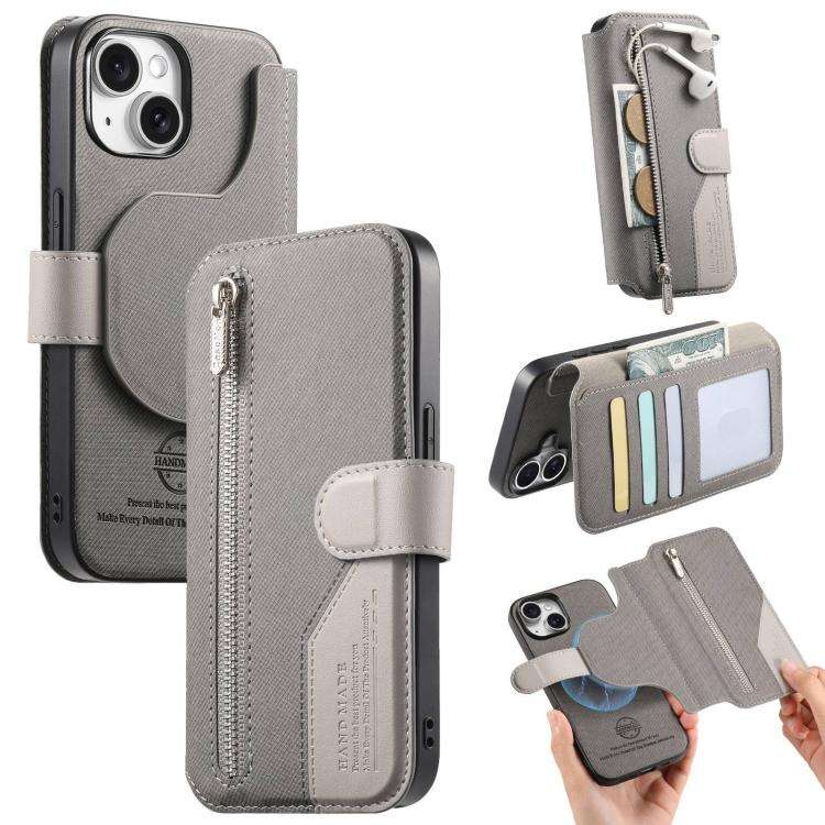 Twill Fabric MagSafe RFID Anti-theft Zipper Wallet Leather Phone Case, For iPhone 15 Pro Max, For...
