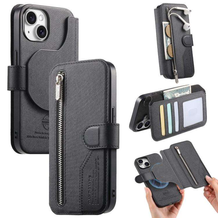 Twill Fabric MagSafe RFID Anti-theft Zipper Wallet Leather Phone Case, For iPhone 15 Pro Max, For...