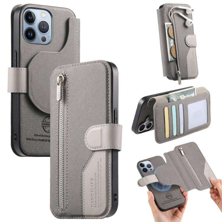 Twill Fabric MagSafe RFID Anti-theft Zipper Wallet Leather Phone Case, For iPhone 13 Pro, For iPh...