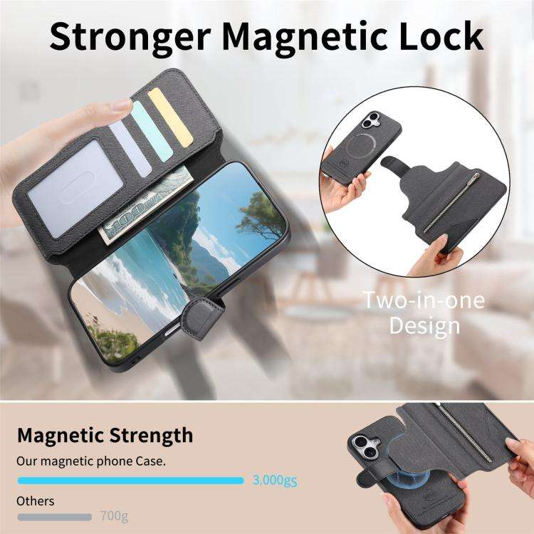 Twill Fabric MagSafe RFID Anti-theft Zipper Wallet Leather Phone Case, For iPhone 18 / 17, For iP...
