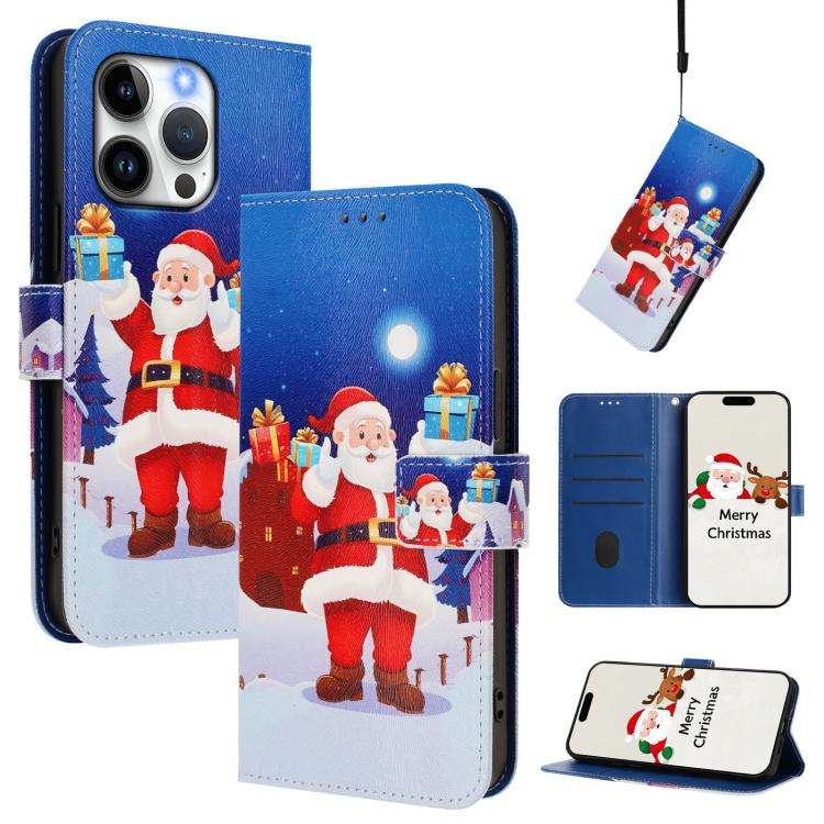 Christmas Series Buckle Leather Phone Case with Hand Strap, For iPhone 14 Pro Max, For iPhone SE ...