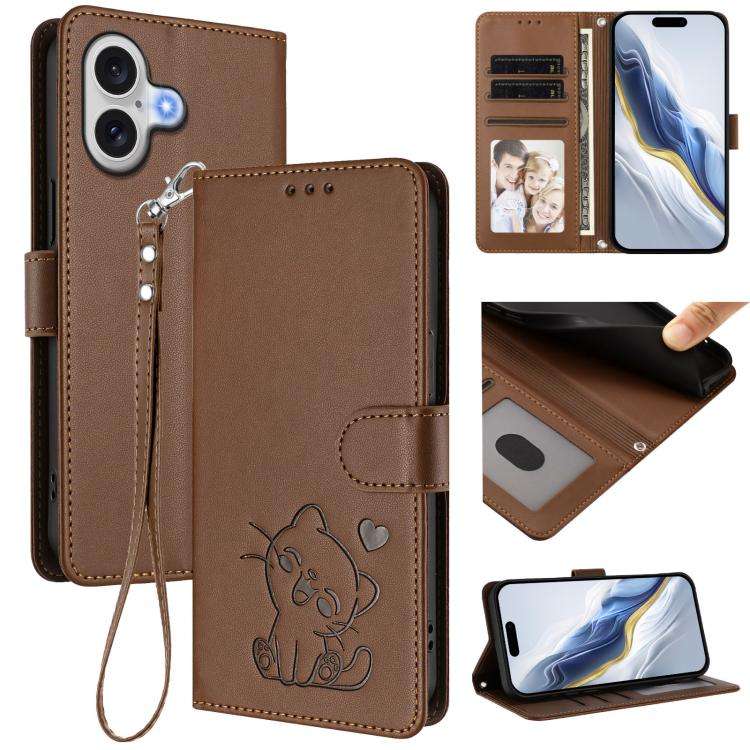 Embossed Heart Cat Leather Phone Case with Hand Strap, For iPhone 17e / 16e, For iPhone 17 Pro Ma...