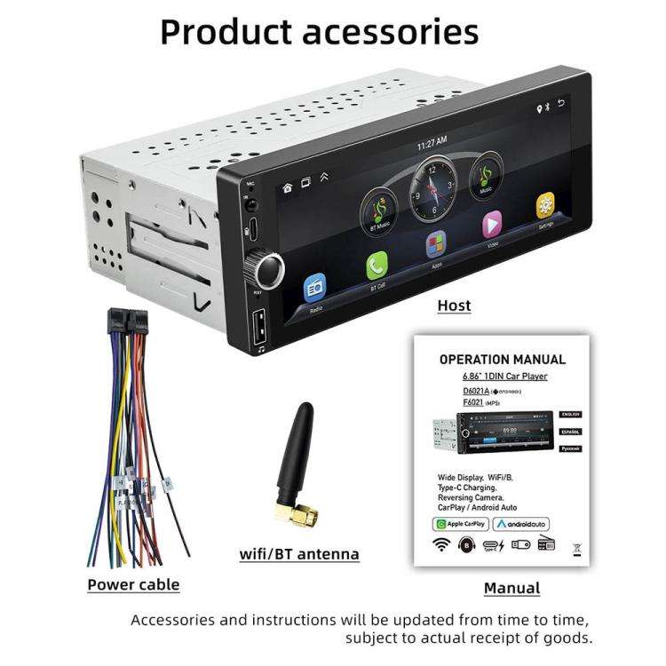 F6021 6.86 inch IPS Screen Car 1Din MP5 Player Support CarPlay & Android Auto, F6021