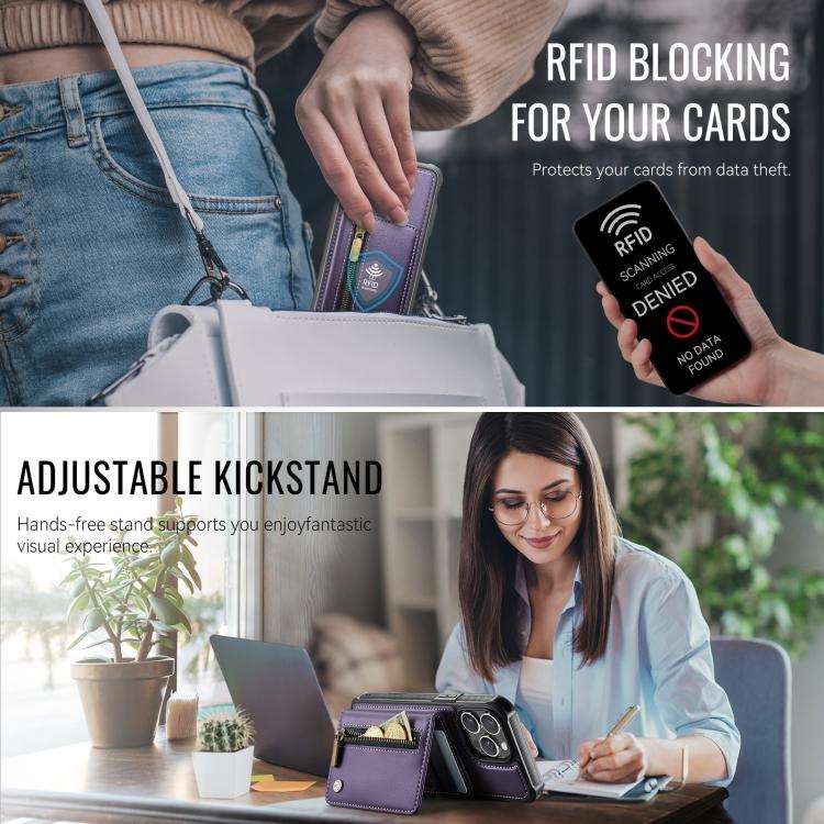 JEEHOOD J12 Exquisite RFID MagSafe Zipper Card Bag Phone Case, For iPhone 15 Pro Max, For iPhone ...