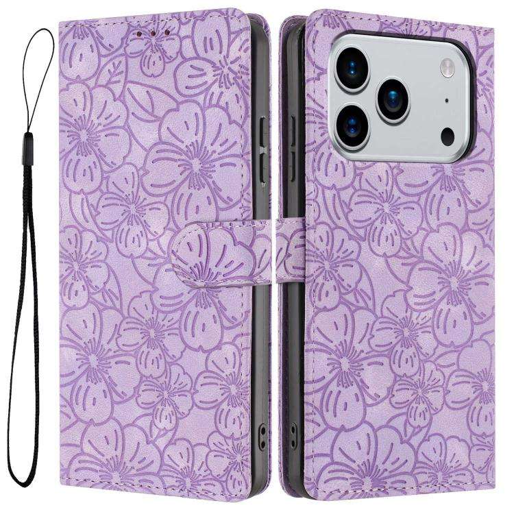 Cherry Blossoms Embossed Leather Phone Case, For iPhone 18 Pro, For iPhone 18 Pro Max, For iPhone...