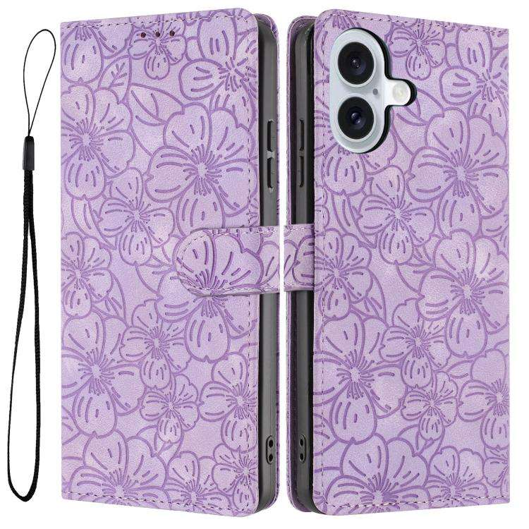 Cherry Blossoms Embossed Leather Phone Case, For iPhone 18 Pro, For iPhone 18 Pro Max, For iPhone...