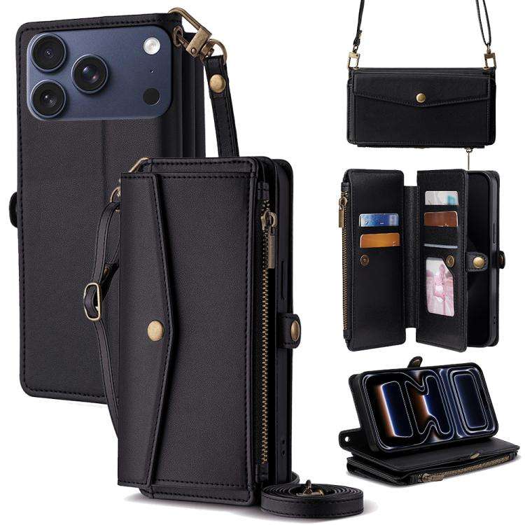 Zipper Wallet Side Buckle Crossbody Lanyard Leather Phone Case, For iPhone 18 Pro / 17 Pro, For i...