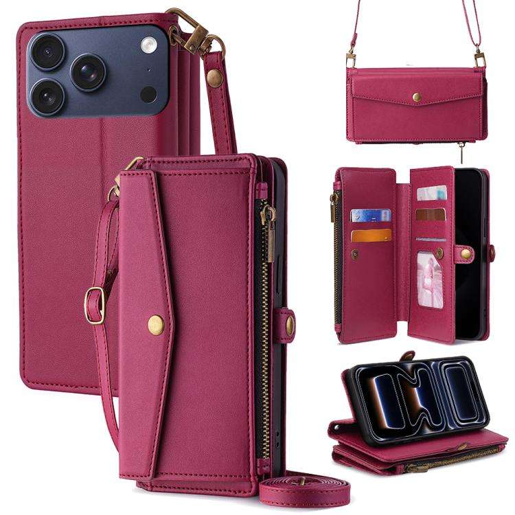 Zipper Wallet Side Buckle Crossbody Lanyard Leather Phone Case, For iPhone 18 Pro / 17 Pro, For i...