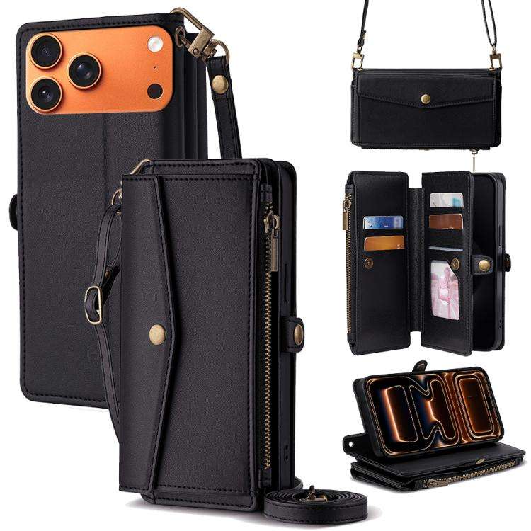 Zipper Wallet Side Buckle Crossbody Lanyard Leather Phone Case, For iPhone 18 Pro / 17 Pro, For i...