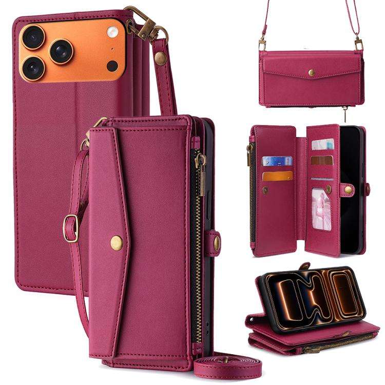 Zipper Wallet Side Buckle Crossbody Lanyard Leather Phone Case, For iPhone 18 Pro / 17 Pro, For i...
