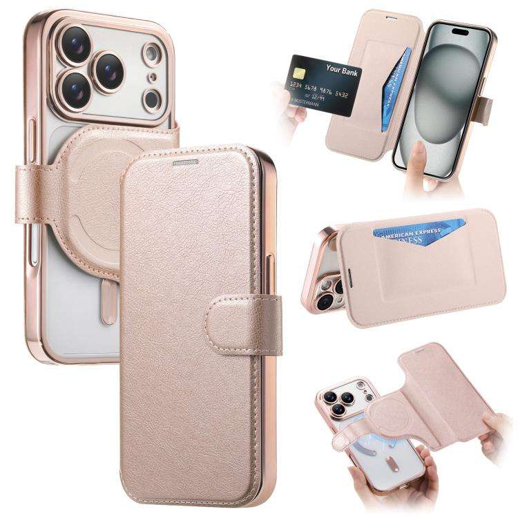 Splitable Electroplated MagSafe RFID Anti-theft Leather Phone Case with Lens Film, For iPhone 18 ...
