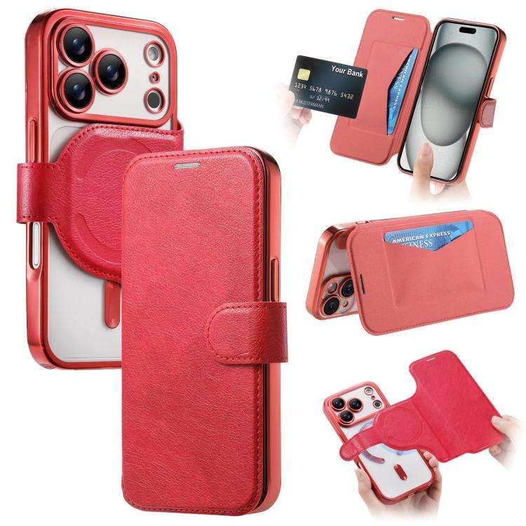 Splitable Electroplated MagSafe RFID Anti-theft Leather Phone Case with Lens Film, For iPhone 18 ...