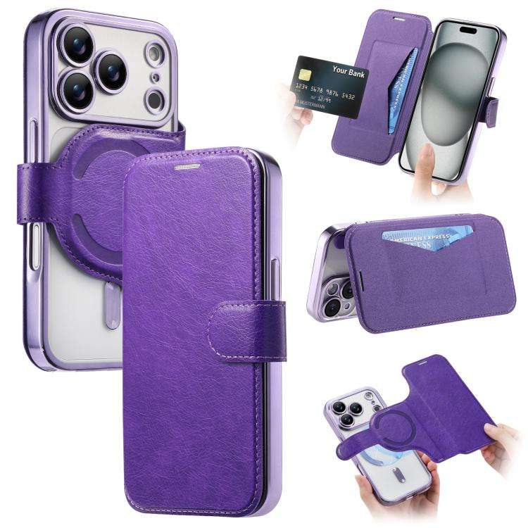 Splitable Electroplated MagSafe RFID Anti-theft Leather Phone Case with Lens Film, For iPhone 18 ...