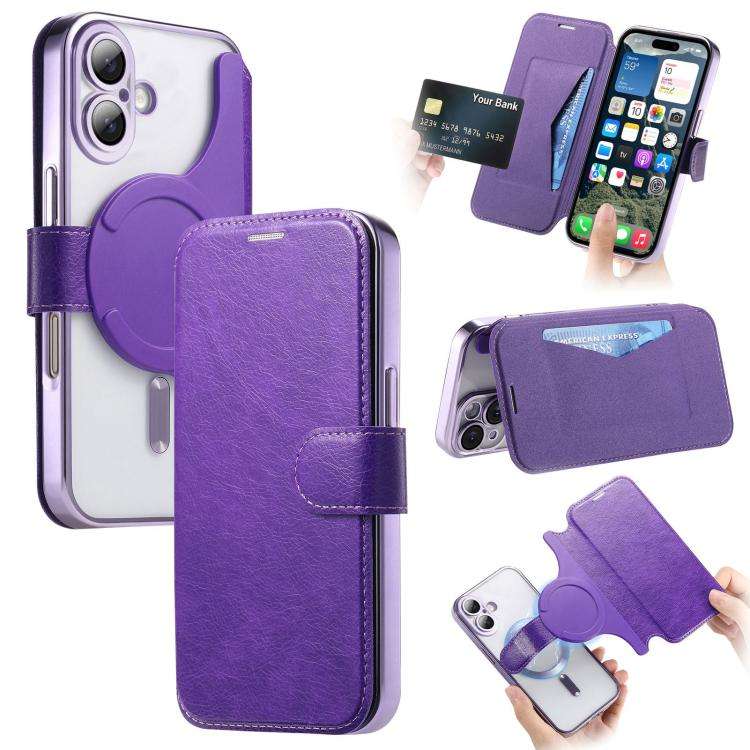 Splitable Electroplated MagSafe RFID Anti-theft Leather Phone Case with Lens Film, For iPhone 18 ...