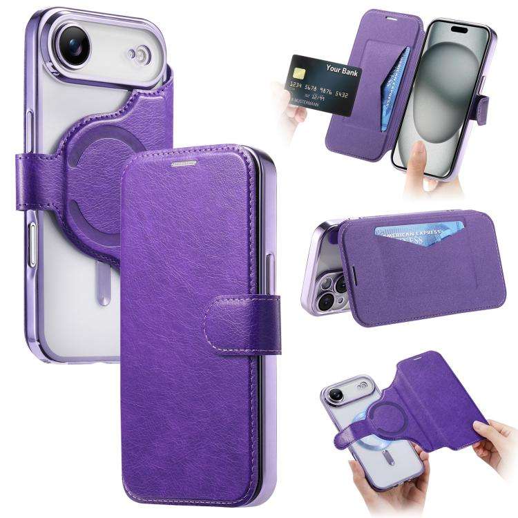 Splitable Electroplated MagSafe RFID Anti-theft Leather Phone Case with Lens Film, For iPhone 18 ...