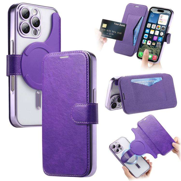 Splitable Electroplated MagSafe RFID Anti-theft Leather Phone Case with Lens Film, For iPhone 18 ...