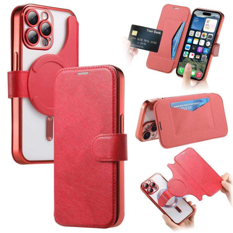 Splitable Electroplated MagSafe RFID Anti-theft Leather Phone Case with Lens Film, For iPhone 13 ...
