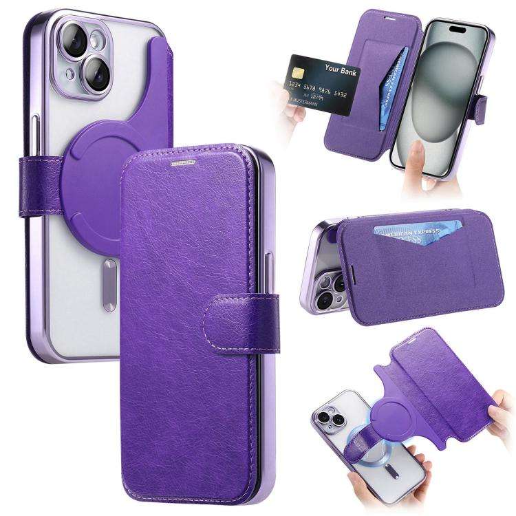 Splitable Electroplated MagSafe RFID Anti-theft Leather Phone Case with Lens Film, For iPhone 13 ...
