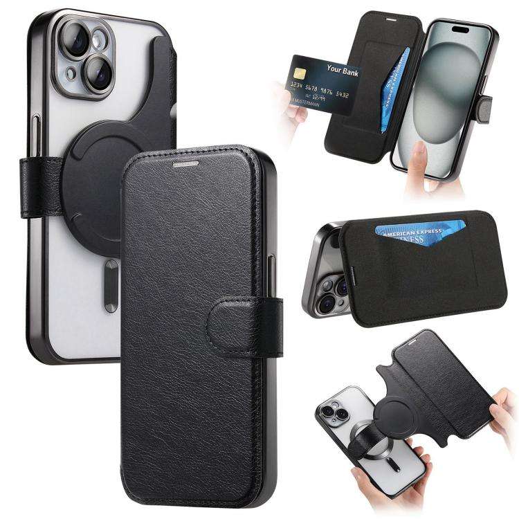 Splitable Electroplated MagSafe RFID Anti-theft Leather Phone Case with Lens Film, For iPhone 13 ...