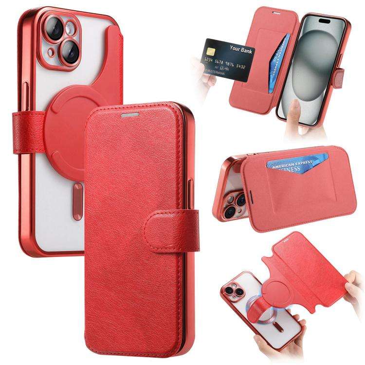 Splitable Electroplated MagSafe RFID Anti-theft Leather Phone Case with Lens Film, For iPhone 13 ...